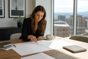 Digital strategist reviewing printed website architecture charts during a detailed SEO website migration checklist planning session