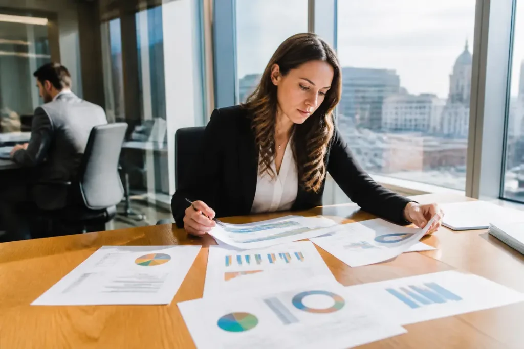 Professional reviewing marketing performance reports for a social media audit template pdf on paper.