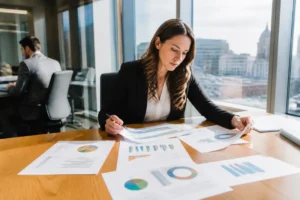 Professional reviewing marketing performance reports for a social media audit template pdf on paper.