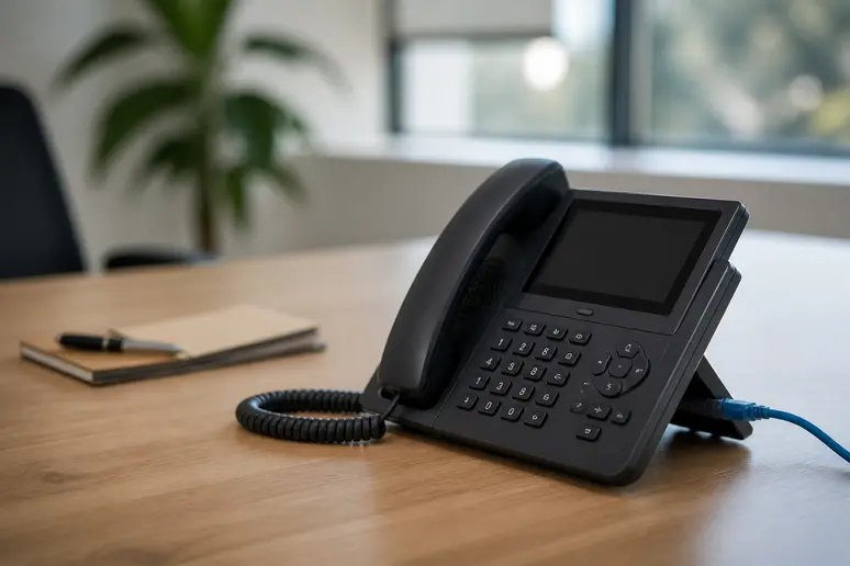 Business IP desk phone connected on an office desk during telephony setup