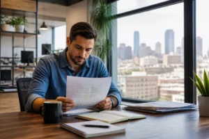 An agency professional comparing options during a Vonage vs Google Voice business setup at a desk