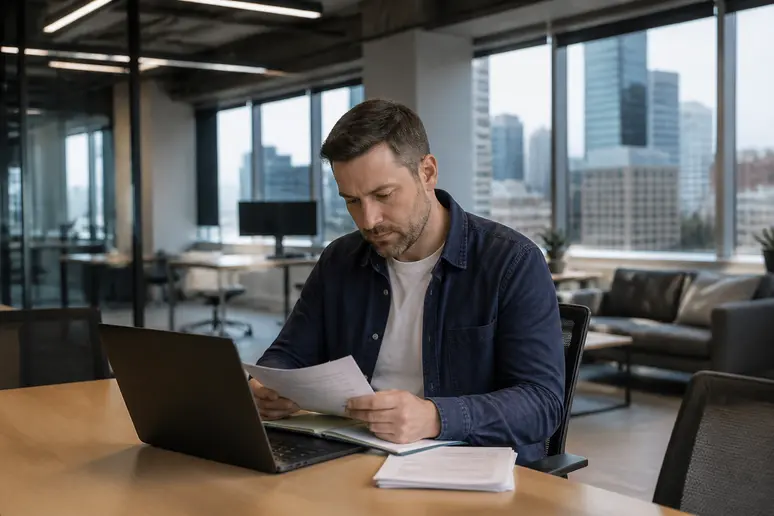 Digital strategist reviewing website maintenance logs and performance metrics in an agency office.